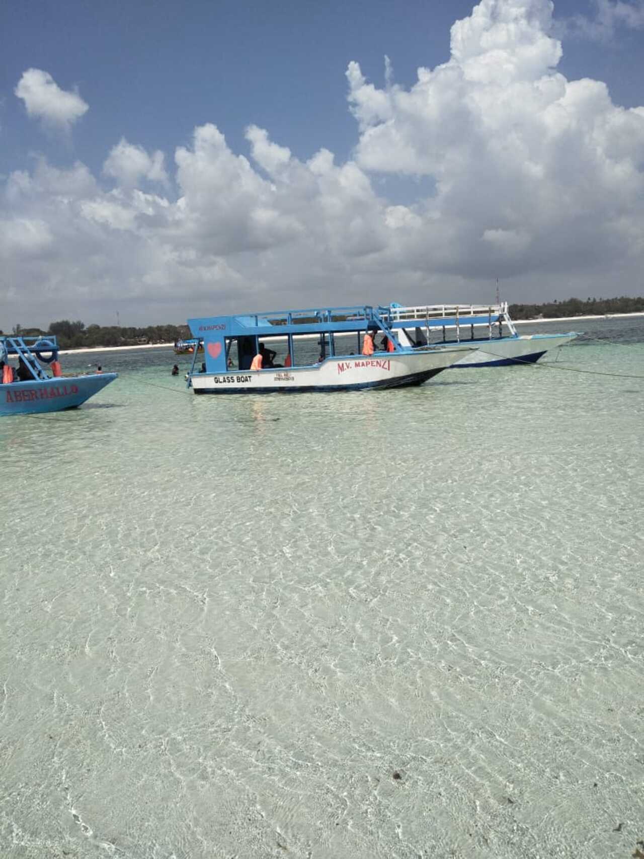 Glass bottom boat excursion in clear coastal water near Diani